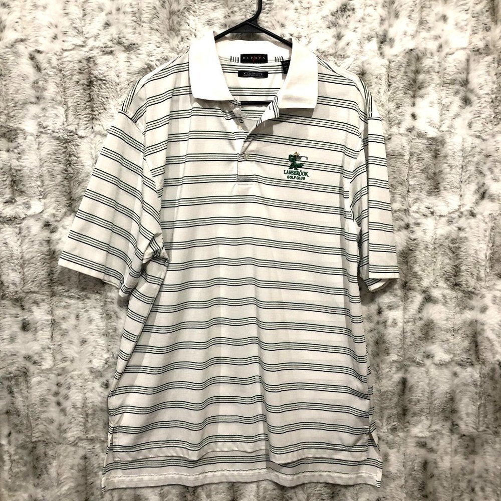 Divots Driway Polo Shirt Moisture Wicking White Striped Golf Mens Large
